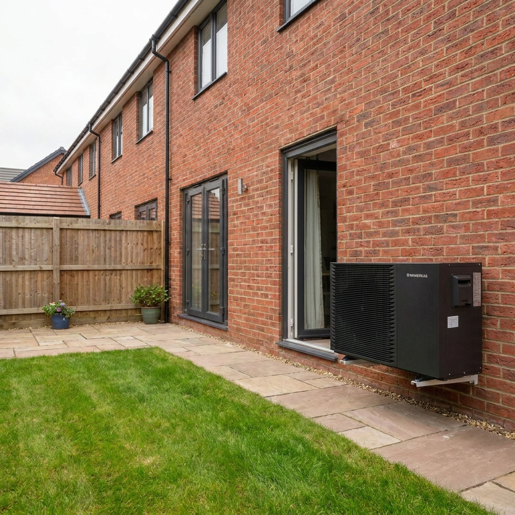 Air source heat pump installed on a brick house wall