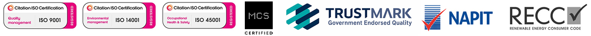 Industry accreditations: ISO 9001, ISO 14001, ISO 45001, MCS Certified, TrustMark Government Endorsed Quality, NAPIT, and RECC Renewable Energy Consumer Code