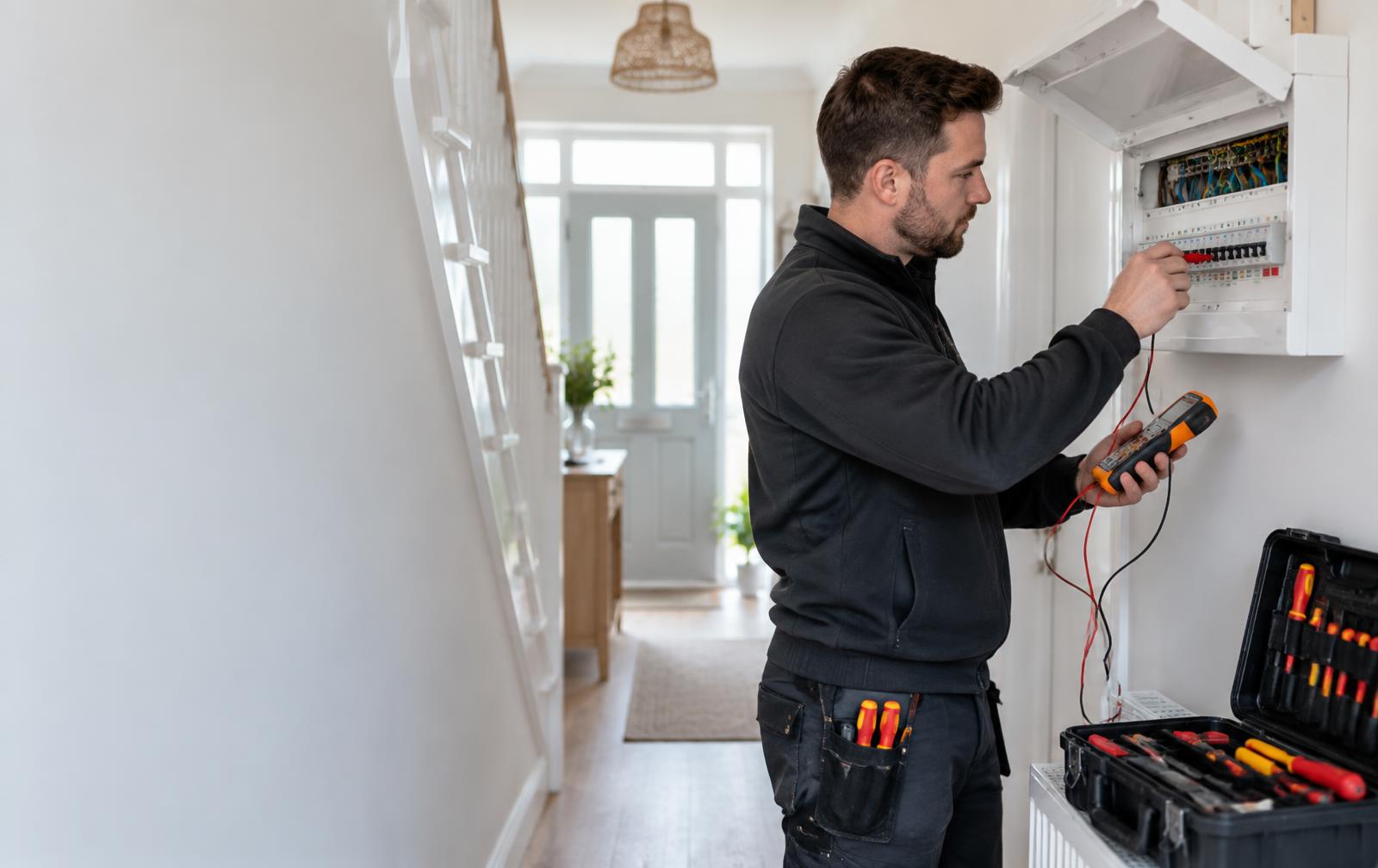 Electrician carrying out a consumer unit safety inspection in a rental property
