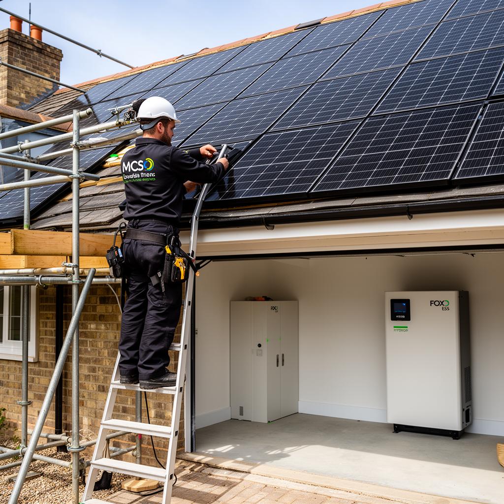 MCS-registered Alliant Energy engineer fitting solar panels with a Fox ESS hybrid inverter and battery in Lancashire